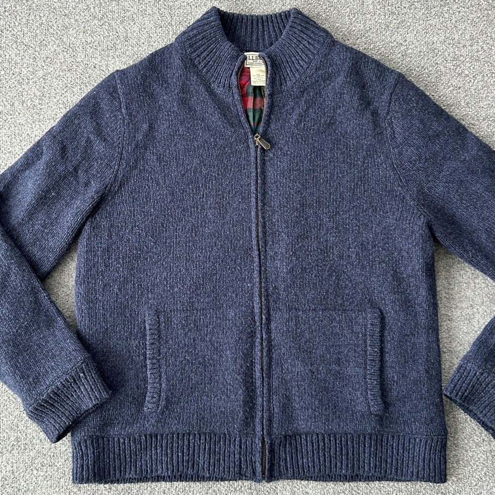 LL Bean Sweater Jacket Mens Large Blue Lambswool Full Zip Plaid Lined Cardigan - Picture 2 of 13